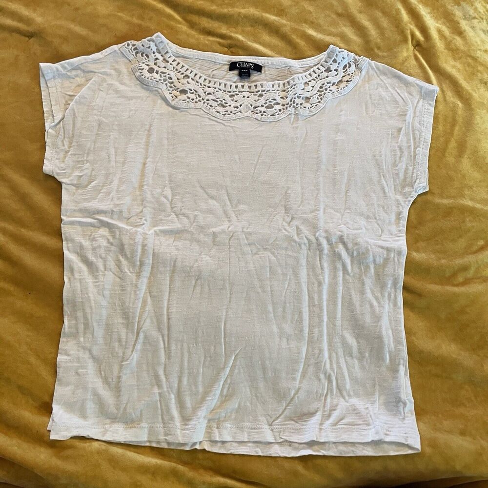 Chaps Denim Women's Medium Lace T-Shirt White Jersey Knit Blouse Stretch